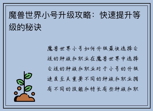 魔兽世界小号升级攻略：快速提升等级的秘诀