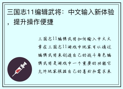 三国志11编辑武将：中文输入新体验，提升操作便捷