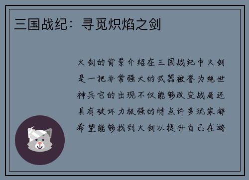 三国战纪：寻觅炽焰之剑