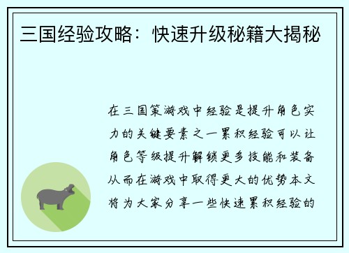 三国经验攻略：快速升级秘籍大揭秘