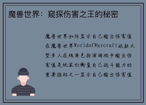 魔兽世界：窥探伤害之王的秘密